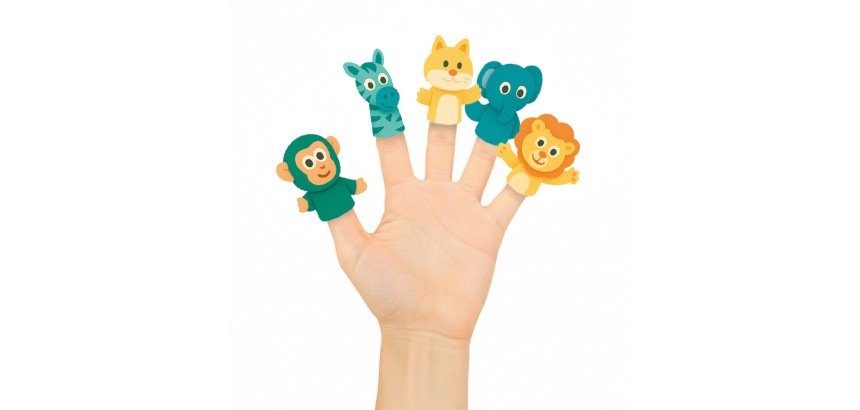 Marionetas de dedos imaginovo tiny tales pvc selva blister de 5 unidades surtidas
