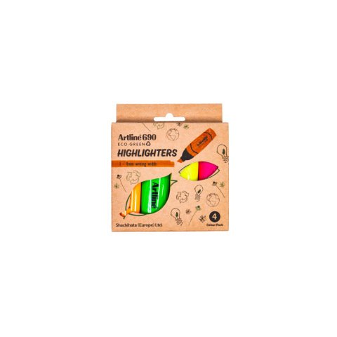 Rotulador artline fluorescente ek-690 eco green punta biselada blister con 4 unidades colores surtidos