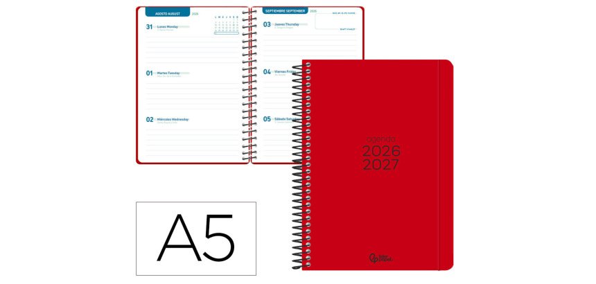 Agenda escolar liderpapel 26-27 espiral basic semana vista a5 bilingue 70g papel fsc rojo