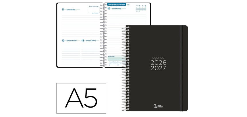 Agenda escolar liderpapel 26-27 espiral basic dia pagina a5 bilingue 70g papel fsc negro