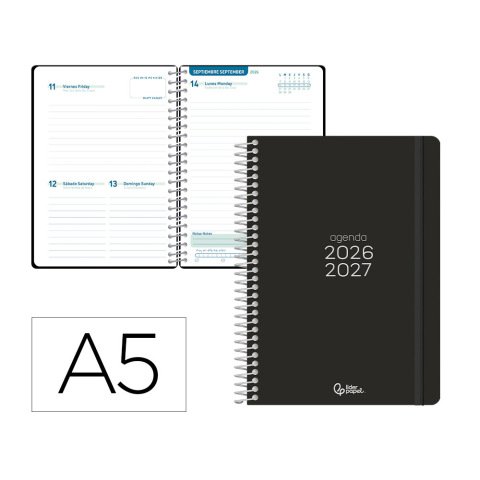 Agenda escolar liderpapel 26-27 espiral basic dia pagina a5 bilingue 70g papel fsc negro