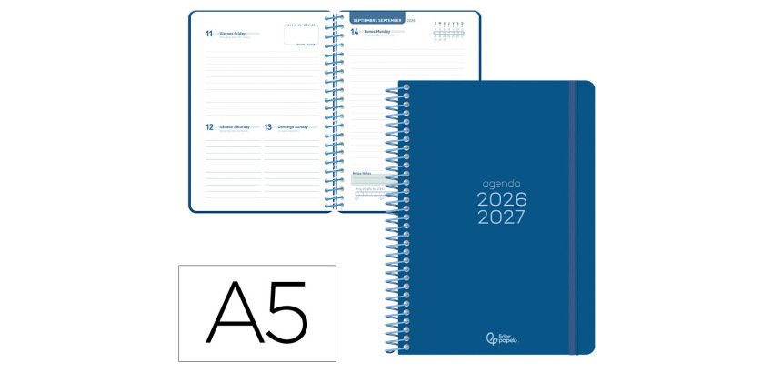 Agenda escolar liderpapel 26-27 espiral basic dia pagina a5 bilingue 70g papel fsc azul marino