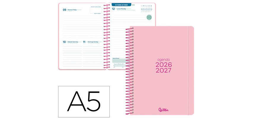 Agenda escolar liderpapel 26-27 espiral basic dia pagina a5 bilingue 70g papel fsc rosa