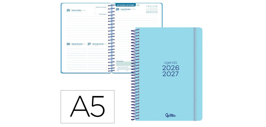 Agenda escolar liderpapel 26-27 espiral basic dia pagina a5 bilingue 70g papel fsc azul turquesa