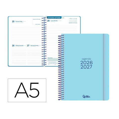 Agenda escolar liderpapel 26-27 espiral basic dia pagina a5 bilingue 70g papel fsc azul turquesa