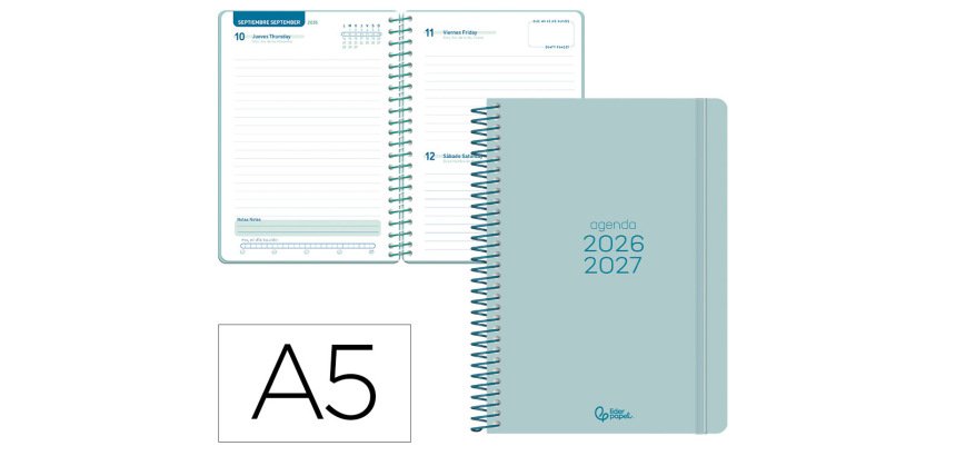 Agenda escolar liderpapel 26-27 espiral basic dia pagina a5 bilingue 70g papel fsc morado