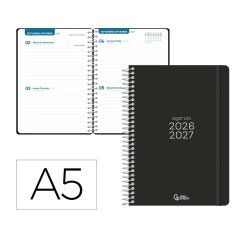 Agenda escolar liderpapel 26-27 espiral basic 2 dias pagina a5 bilingue 70g papel fsc negro