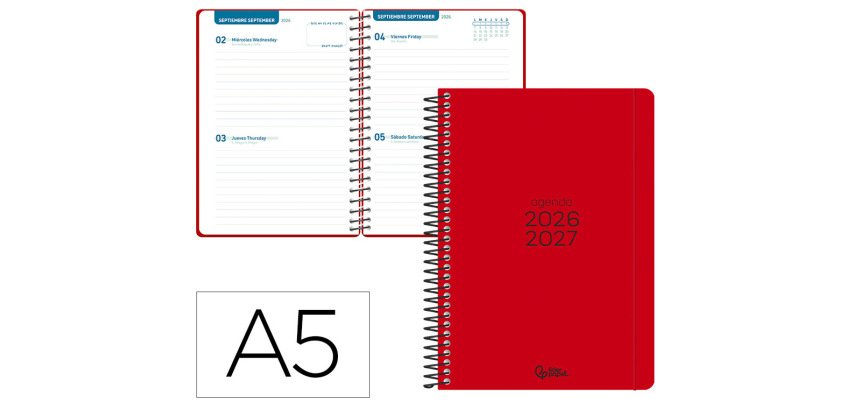 Agenda escolar liderpapel 26-27 espiral basic 2 dias pagina a5 bilingue 70g papel fsc rojo