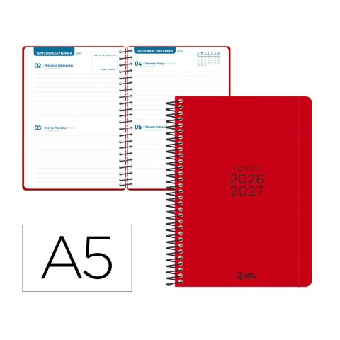 Agenda escolar liderpapel 26-27 espiral basic 2 dias pagina a5 bilingue 70g papel fsc rojo