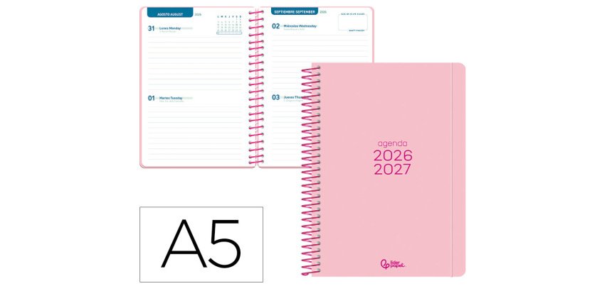 Agenda escolar liderpapel 26-27 espiral basic 2 dias pagina a5 bilingue 70g papel fsc rosa
