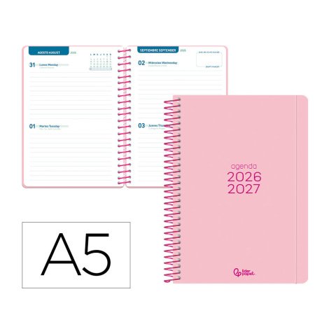 Agenda escolar liderpapel 26-27 espiral basic 2 dias pagina a5 bilingue 70g papel fsc rosa