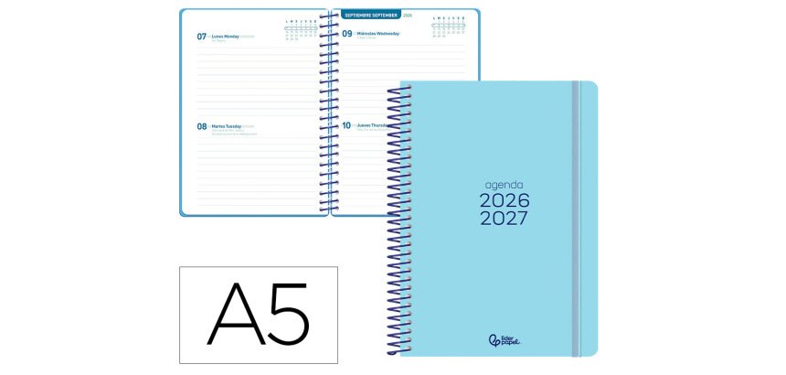 Agenda escolar liderpapel 26-27 espiral basic 2 dias pagina a5 bilingue 70g papel fsc azul turquesa