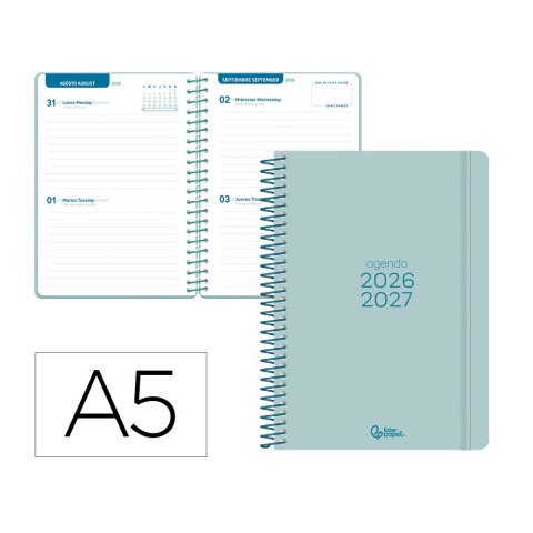 Agenda escolar liderpapel 26-27 espiral basic 2 dias pagina a5 bilingue 70g papel fsc turquesa