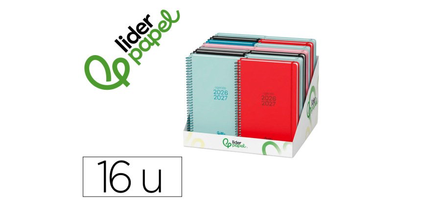 Agenda escolar liderpapel 26-27 espiral basic diseños surtidos bilingüe 70g papel fsc expositor 16 unidades