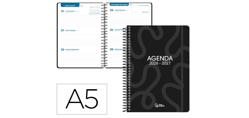 Agenda escolar liderpapel 26-27 espiral classic semana vista a5 bilingue 70g papel fsc negro