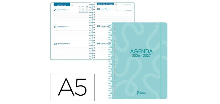Agenda escolar liderpapel 26-27 espiral classic semana vista a5 bilingue 70g papel fsc azul turquesa