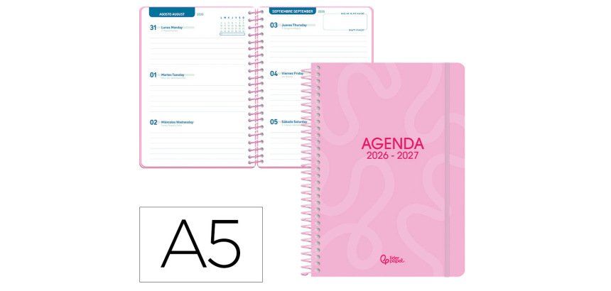 Agenda escolar liderpapel 26-27 espiral classic semana vista a5 bilingue 70g papel fsc rosa