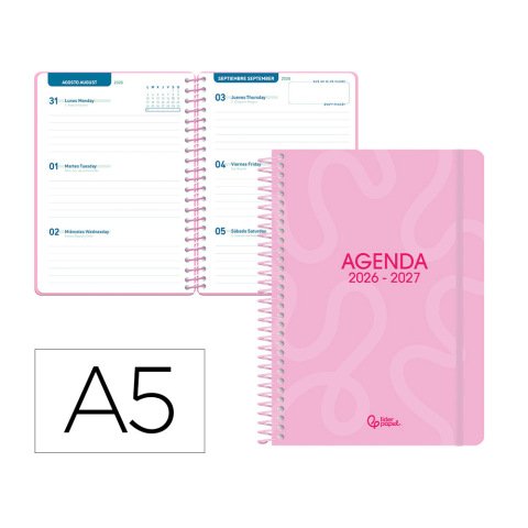 Agenda escolar liderpapel 26-27 espiral classic semana vista a5 bilingue 70g papel fsc rosa