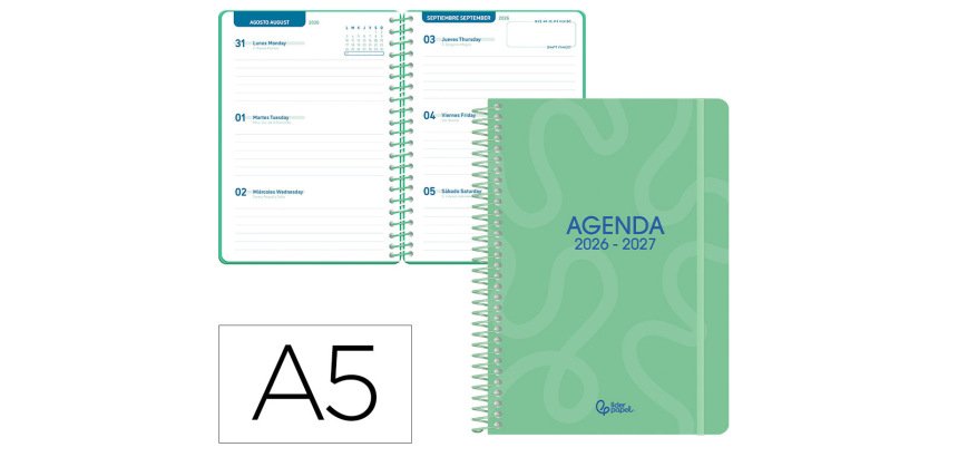 Agenda escolar liderpapel 26-27 espiral classic semana vista a5 bilingue 70g papel fsc verde