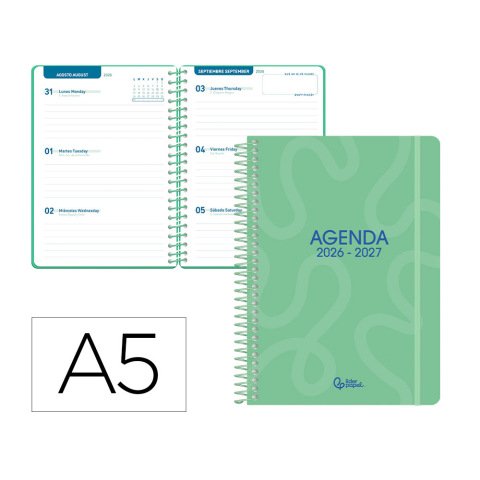 Agenda escolar liderpapel 26-27 espiral classic semana vista a5 bilingue 70g papel fsc verde