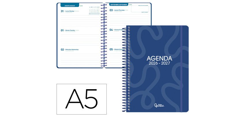 Agenda escolar liderpapel 26-27 espiral classic semana vista a5 bilingue 70g papel fsc azul marino