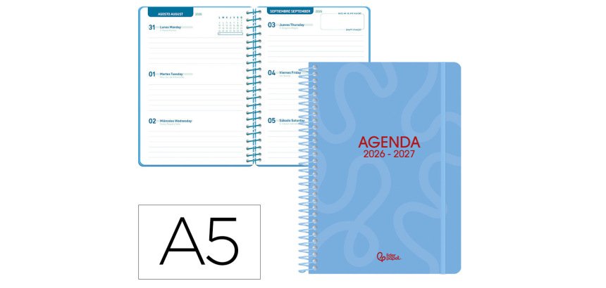 Agenda escolar liderpapel 26-27 espiral classic semana vista a5 bilingue 70g papel fsc azul