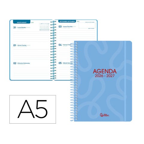 Agenda escolar liderpapel 26-27 espiral classic semana vista a5 bilingue 70g papel fsc azul