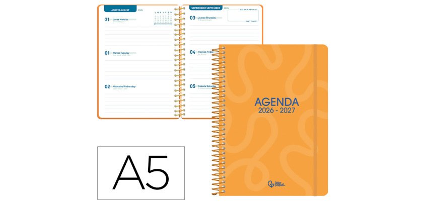 Agenda escolar liderpapel 26-27 espiral classic semana vista a5 bilingue 70g papel fsc naranja