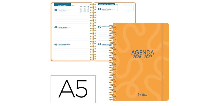 Agenda escolar liderpapel 26-27 espiral classic semana vista a5 bilingue 70g papel fsc naranja