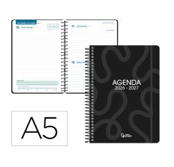 Agenda escolar liderpapel 26-27 espiral classic dia pagina a5 bilingue 70g papel fsc negro