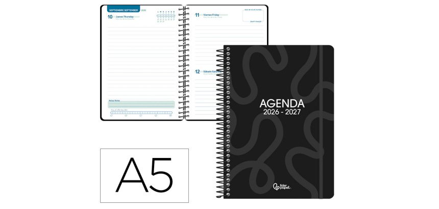 Agenda escolar liderpapel 26-27 espiral classic dia pagina a5 bilingue 70g papel fsc negro