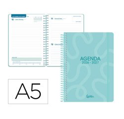 Agenda escolar liderpapel 26-27 espiral classic dia pagina a5 bilingue 70g papel fsc azul turquesa
