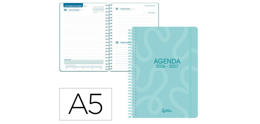Agenda escolar liderpapel 26-27 espiral classic dia pagina a5 bilingue 70g papel fsc azul turquesa