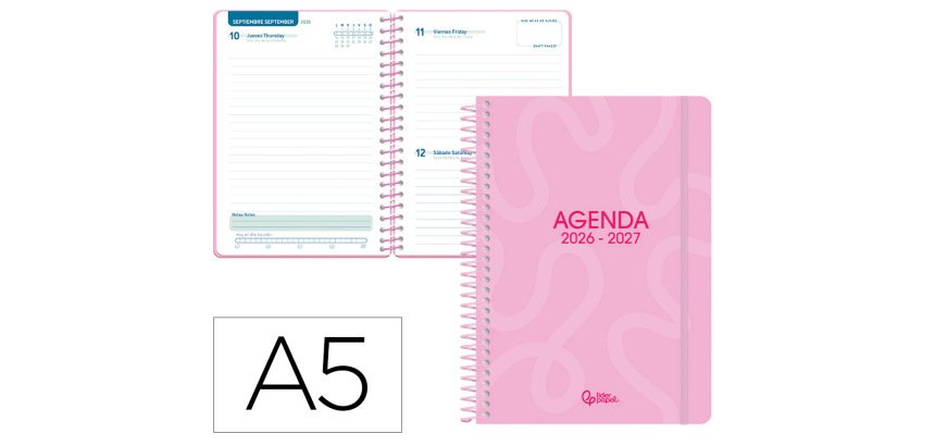 Agenda escolar liderpapel 26-27 espiral classic dia pagina a5 bilingue 70g papel fsc rosa