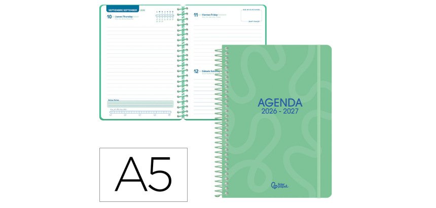 Agenda escolar liderpapel 26-27 espiral classic dia pagina a5 bilingue 70g papel fsc verde