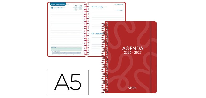 Agenda escolar liderpapel 26-27 espiral classic dia pagina a5 bilingue 70g papel fsc rojo