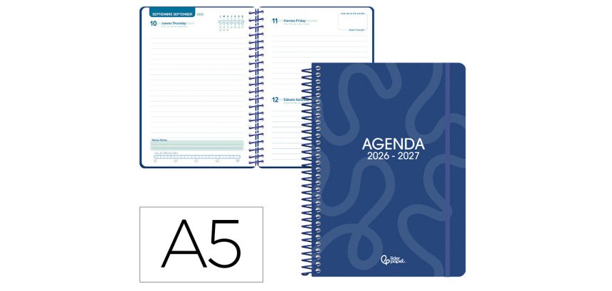Agenda escolar liderpapel 26-27 espiral classic dia pagina a5 bilingue 70g papel fsc azul marino