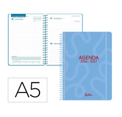 Agenda escolar liderpapel 26-27 espiral classic dia pagina a5 bilingue 70g papel fsc azul