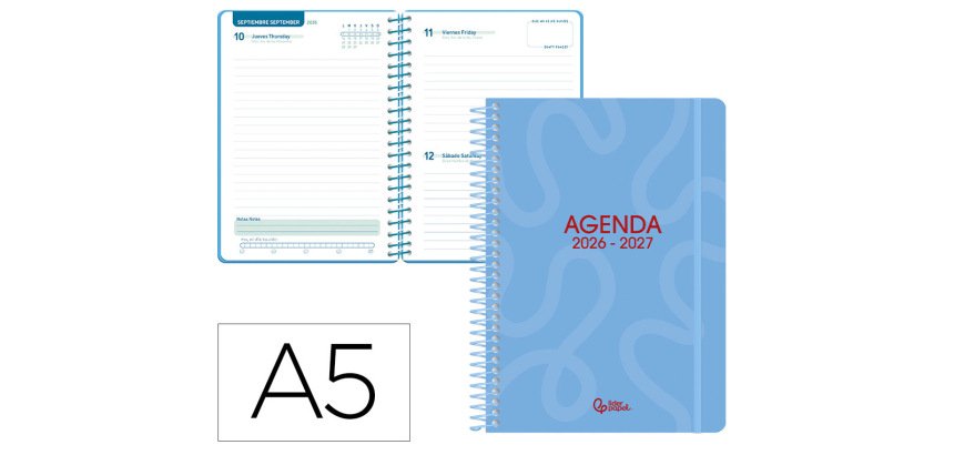 Agenda escolar liderpapel 26-27 espiral classic dia pagina a5 bilingue 70g papel fsc azul