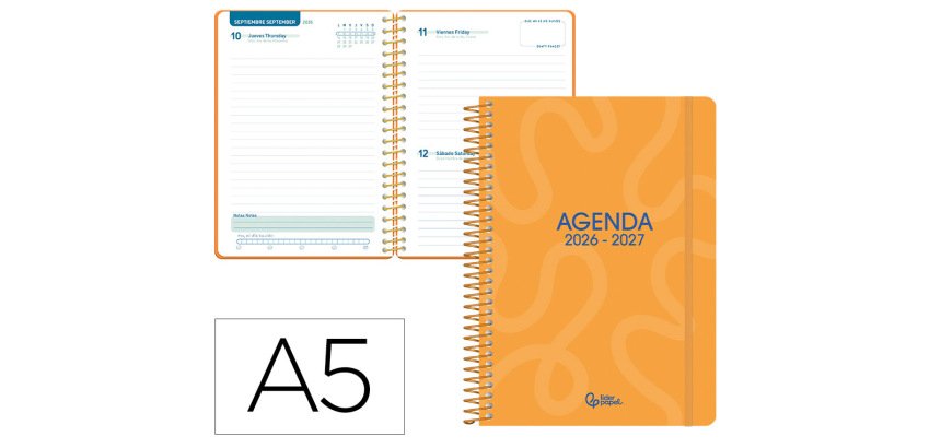 Agenda escolar liderpapel 26-27 espiral classic dia pagina a5 bilingue 70g papel fsc naranja