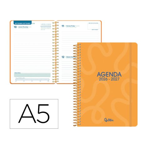 Agenda escolar liderpapel 26-27 espiral classic dia pagina a5 bilingue 70g papel fsc naranja