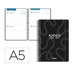 Agenda escolar liderpapel 26-27 espiral classic 2 dias pagina a5 bilingue 70g papel fsc negro