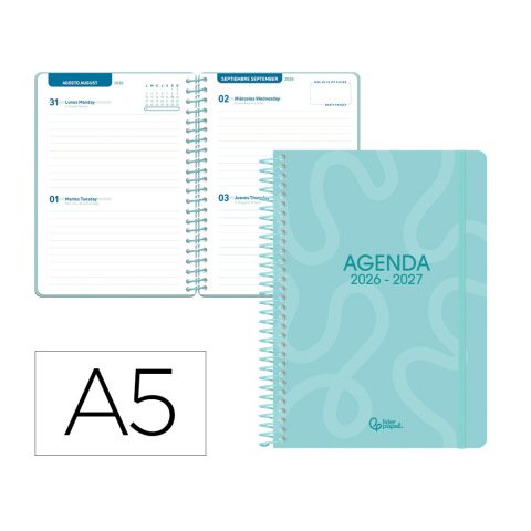 Agenda escolar liderpapel 26-27 espiral classic 2 dias pagina a5 bilingue 70g papel fsc azul turquesa