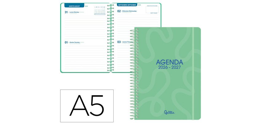 Agenda escolar liderpapel 26-27 espiral classic 2 dias pagina a5 bilingue 70g papel fsc verde