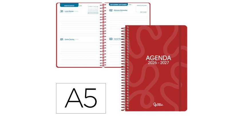 Agenda escolar liderpapel 26-27 espiral classic 2 dias pagina a5 bilingue 70g papel fsc rojo