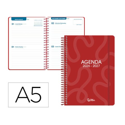 Agenda escolar liderpapel 26-27 espiral classic 2 dias pagina a5 bilingue 70g papel fsc rojo