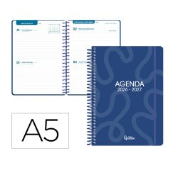 Agenda escolar liderpapel 26-27 espiral classic 2 dias pagina a5 bilingue 70g papel fsc azul marino