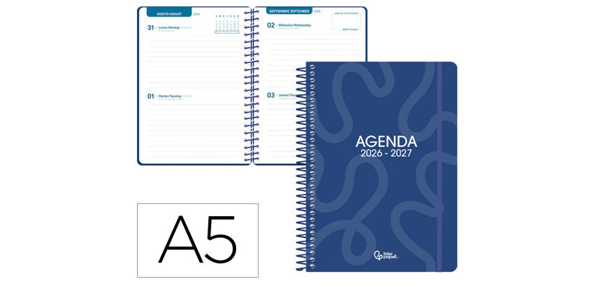 Agenda escolar liderpapel 26-27 espiral classic 2 dias pagina a5 bilingue 70g papel fsc azul marino