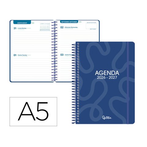 Agenda escolar liderpapel 26-27 espiral classic 2 dias pagina a5 bilingue 70g papel fsc azul marino