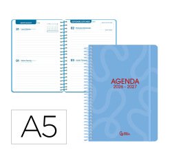 Agenda escolar liderpapel 26-27 espiral classic 2 dias pagina a5 bilingue 70g papel fsc azul